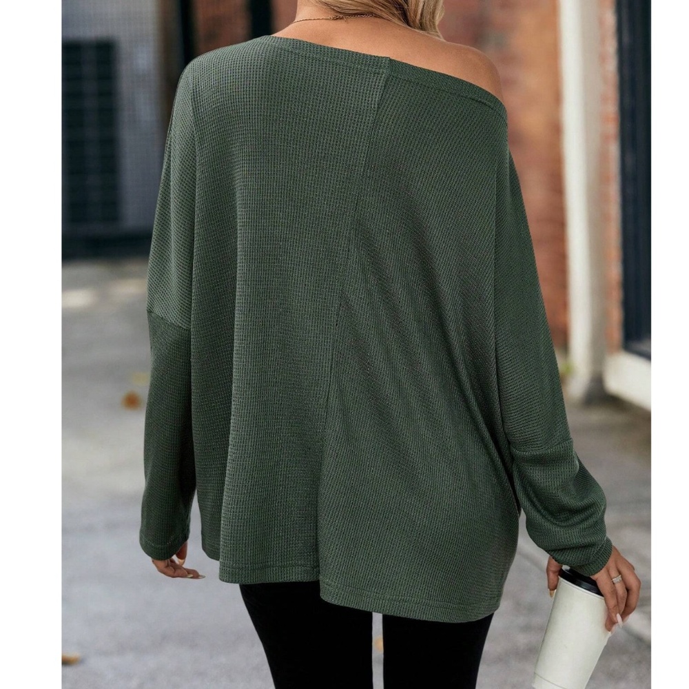 Solid Off Shoulder Loose Fit Waffle Long Sleeve Top - Picture 5 of 16